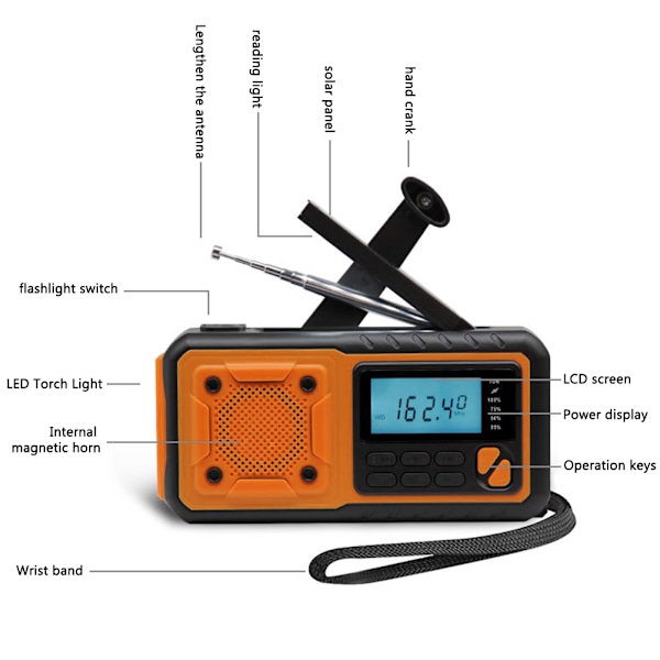 Bärbar Nödradio Utomhus Handvev Radio Vind Upp Ficklampa Radio 4000mAh Power Bank Väderradio för Camping Vandring