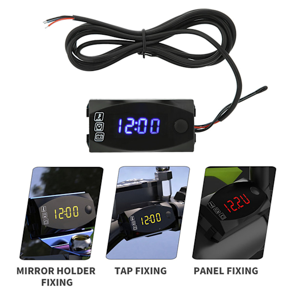 3-i-1 Motorcykel LED Voltmeter Termometer Elektronisk Klocka Mätare IP67 Vattentät Mätare 6V-30V
