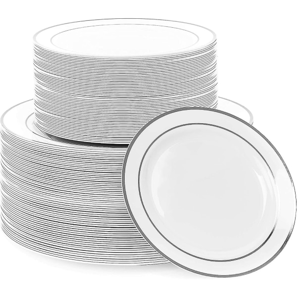 Okrossbara multianvändbara silverkantade plasttallrikar för middag och efterrätt 10 st
