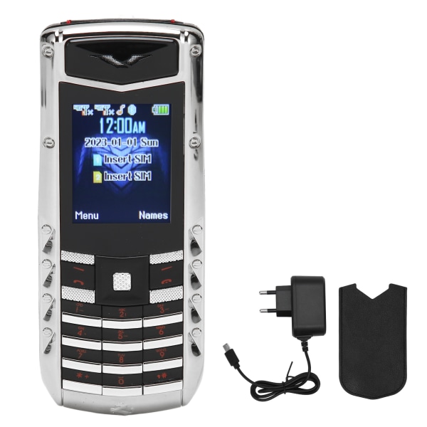 V5 Pro 2G olåst mobiltelefon med stor knapp hög volym mobiltelefon för seniorer 1600mAh batteri Dubbelkort 100‑240V Silver EU-kontakt