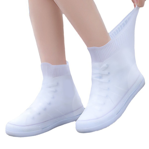 Regnbeskyttelse for sko - Vanntett, støvtett, gjenbrukbar - Tykkede silikonsko-trekk for kvinner og menn - Hvit, middels legg, L (størrelser 37 til 39)