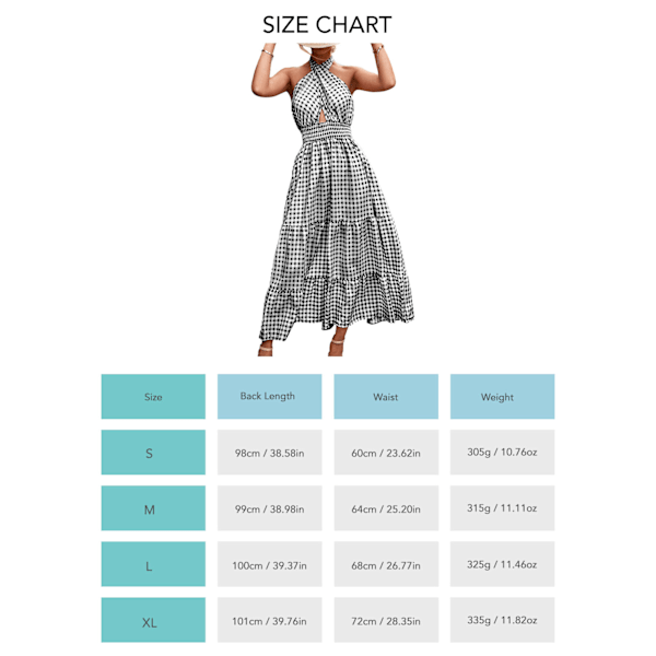 Naisten kesämekko, selästä avoin, ristikkäinen halter-kaula-aukko, hihaton maxi-mekko päivittäiseen käyttöön, musta ruudullinen, koko M