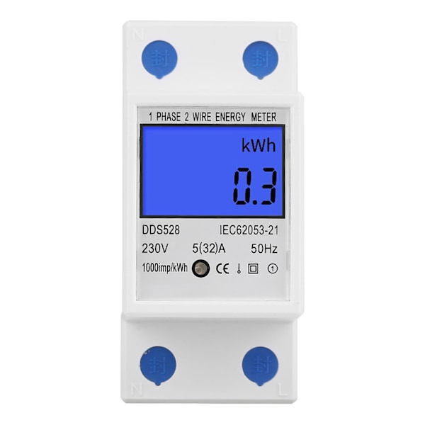 5‑32A 230V 50Hz LCD-display Enkeltfaset Energimåler DIN-skinnemontering DDS528