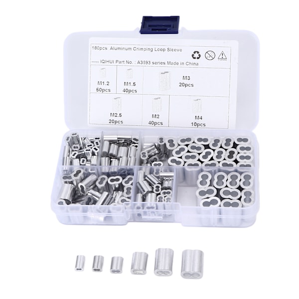 180 stk. Krympe Loop Sleeve Kit 6‑Størrelse Aluminium Dobbelt Tønde Ferrule Universal til Wire Rope Kabel Line End