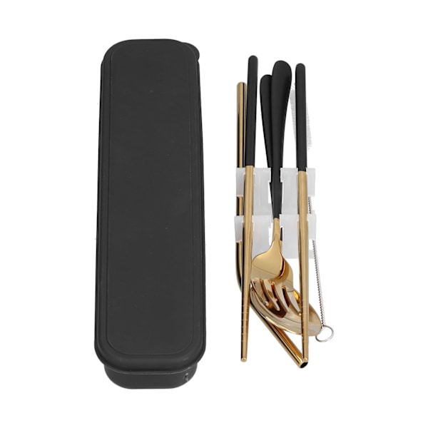 304 Stainless Steel Flatware Set Portable Paint Chopsticks Spoon Fork Straw Set for OutdoorBlack Gold (Black Storage Box)