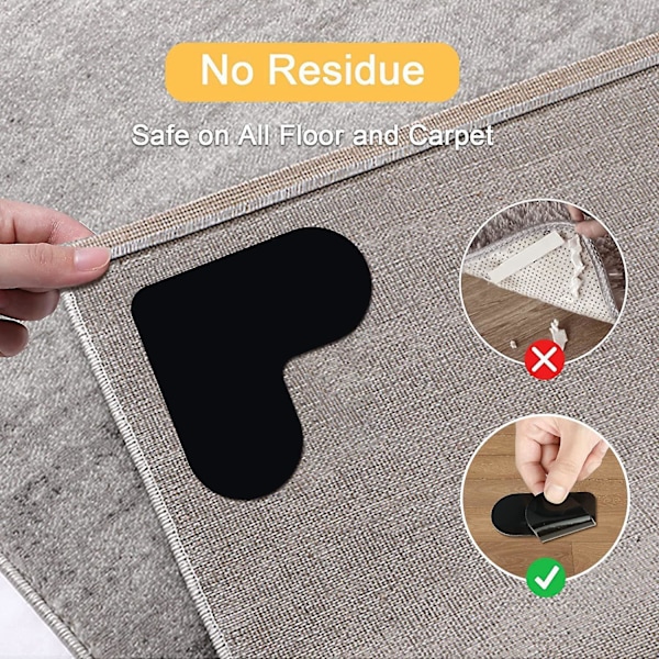 Antislip Rug Pads - 24 stk, Dobbeltsidige Stopper mod Skridning, Flade, Genanvendelige og Vaskbare Tæppebånd til Trægulve, Sort