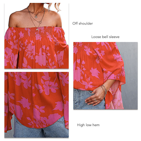 Kvinder Off Shoulder Tops Sommer Høj Lav Kant Løse Klokkeærme Skørt Blomsterprint Skjorte Bluser Rose Rød S