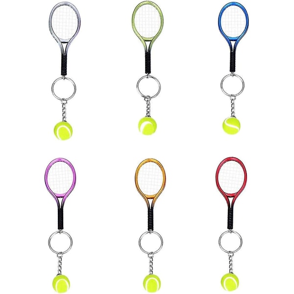 6 stykker tennisketcher nøglering med bold vedhæng tilfældig farve