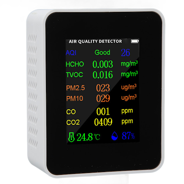 Luftkvalitetsmonitor Kuldioxiddetektor Nøjagtig tester til CO CO2 PM2.5 TVOC HCHO Temperatur Fugtighed Alarm Tilstand Hvid