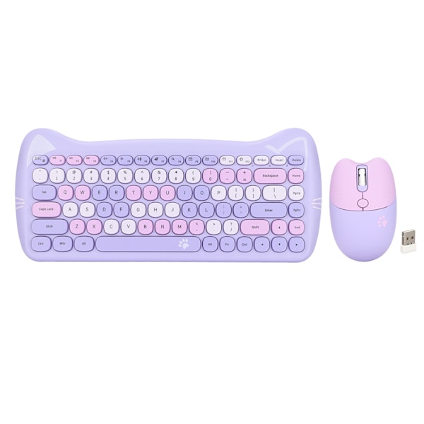 Sött Kattformat 2.4G Trådlöst Tangentbord och Mus Färger Låg Strömförbrukningsteknik Trådlöst Tangentbord Mus Combo för Gaming Lila Mix