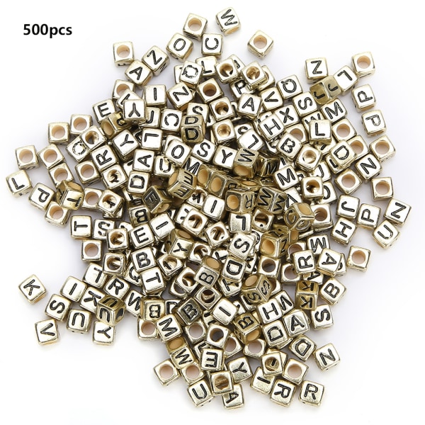 500 STK Akrylperler Firkantede DIY Håndlagde Perler Tilbehør Engelsk Alfabet 6mm (Gylden)