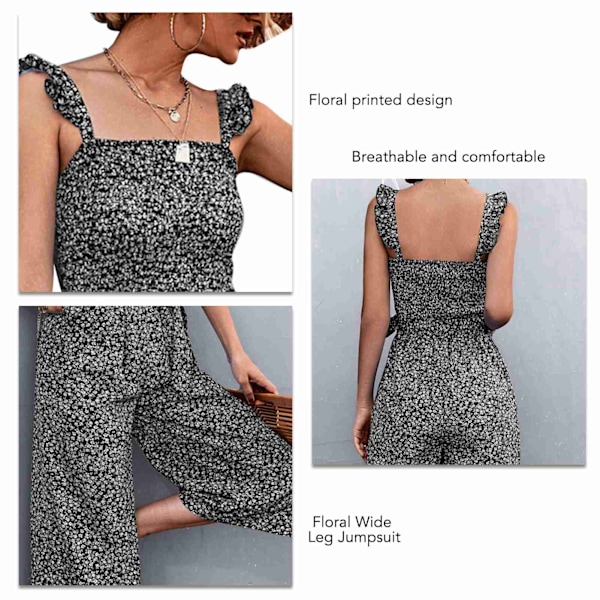 Sommerjumpsuit for kvinner med smockert liv, belte, 2 lommer, vid ben og blomsterprint