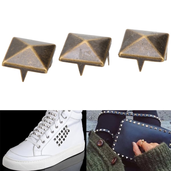 100st fyrkantiga Pyramid Punk Nitar 4 Klo Metall Dubbar för Armband Kläder Skor Handväska Brons 15mm