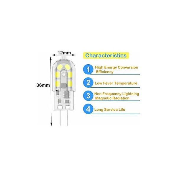 G4 LED-pære, 20W Ekvivalent, Kald Hvit 6000k, 200Lm, 12x SMD, 12V AC/DC - Pakke med 10