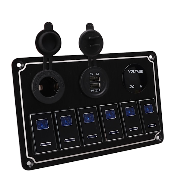 6-Gang Rocker Switch Panel Vandtæt DC12V til 24V 20A Blå LED Lys 5PIN Overbelastningsbeskyttelse til Bil Yacht RV Bus