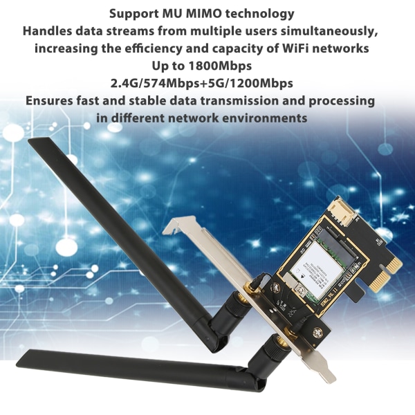 Trådløst WiFi 6 PCIE-kort med 2 antenner 1800Mbps 2,4Ghz 5Ghz-støtte MU MIMO Bluetooth 5.2 trådløst nettverkskort for Win10 11
