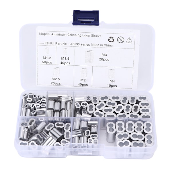 180 stk. Krympe Loop Sleeve Kit 6‑Størrelse Aluminium Dobbelt Tønde Ferrule Universal til Wire Rope Kabel Line End