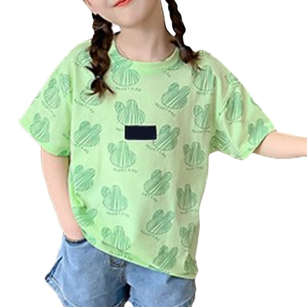 Girls' Short Sleeved T Shirt Grass Green Cotton Breathable Fine Printed Stylish Girls' Summer T Shirt for 110cm / 43.3in