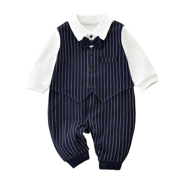 Baby Onesie Dress med Sløyfe Supermyk Pustende Bomullslang Erme Baby Gentleman Jumpsuit Blå 66