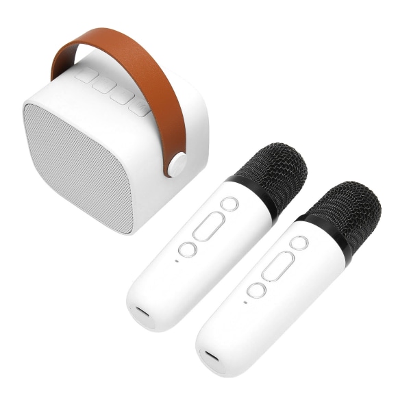Karaokemaskine Multifunktion Stereo Lyd Bærbar Bluetooth-højttaler med 2 trådløse mikrofoner til Home Party KTV White