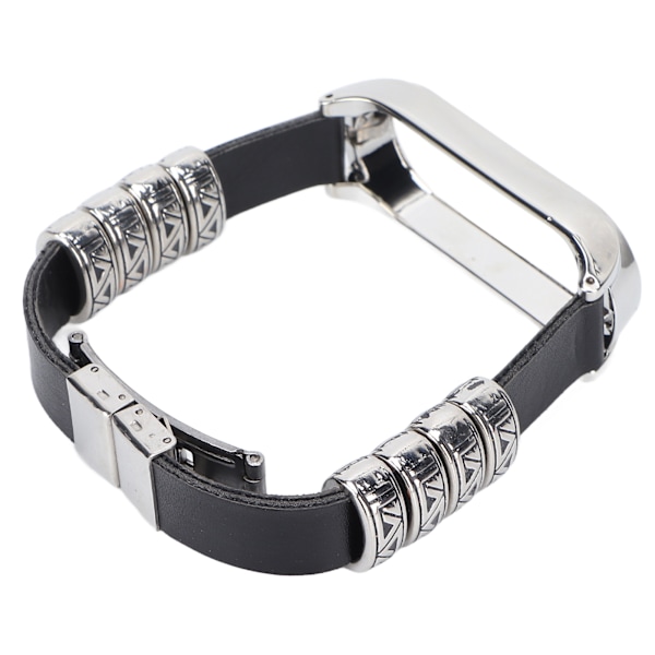 Retro Läder Armband för Xiaomi Mi Band 5/6 NFC Mode Retro Läder Armbandsur Svart Silver