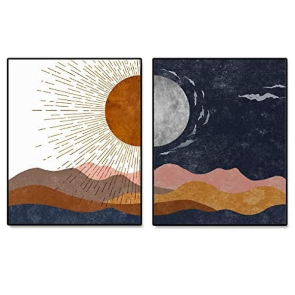 Boho Mountains vægkunsttryk, dag- og natlandskabs-lærredssæt - 21x30 cm