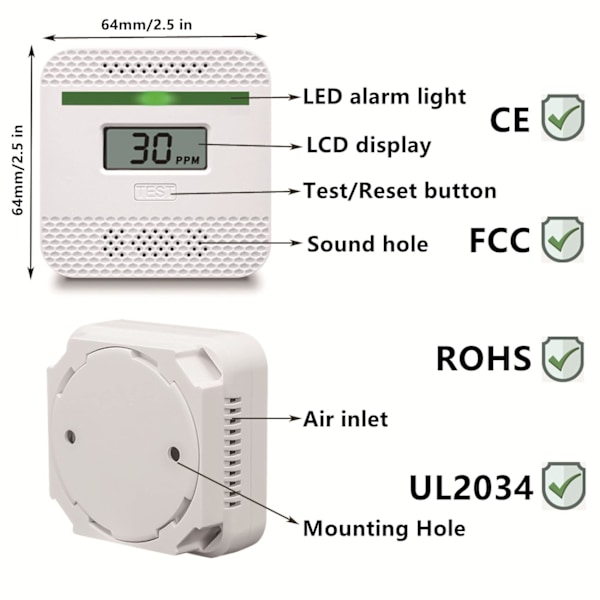 Kolmonoxiddetektor 1 paket, kolmonoxidgasövervakningslarm med digital LCD-skärm och hörbar varning