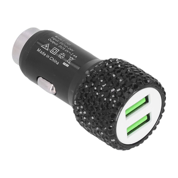 USB-billader 5V Rhinestone-dekorasjon Dual Port Hurtigladeadapter Bilinteriørtilbehør Svart