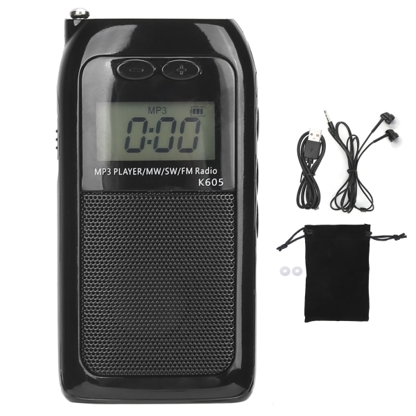 K‑605 Mini MP3-spiller FM/SW/MW Digital Tuning Radiomottaker LCD-skjerm med øretelefoner
