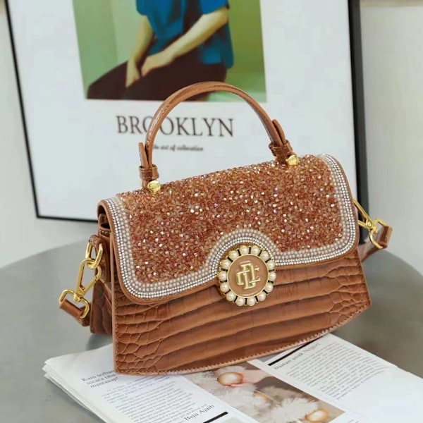 Diamant Dame Håndtaske PU Læder Top Håndtag Skuldertaske Pung Fest Skulder Aften Taske Krokodillemønster Håndtaske Brown