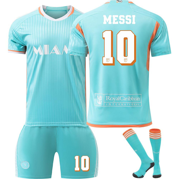 2024-2025 Nya Miami 2 Bortaställ Barn Fotbollströja Set Nr 10 Messi Tröja Ungdom Tränings Tröja Fotbollsträningströja (Inklusive Strumpor) XL