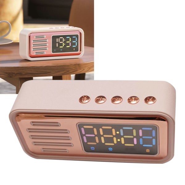 Bærbar Bluetooth-høyttaler, innovativ retro bordklokke, trådløs høyttaler med LED-fargeskjerm, rosa