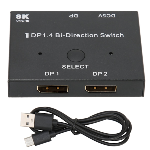 DisplayPort-bryter 2x1/1x2 DisplayPort tosidig bryter Støtter 8K 30Hz 5K 60Hz 4K 120Hz/60Hz for skjerm bærbar PC