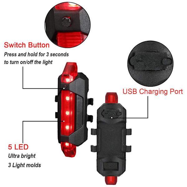 LED-pyöräilyvalot edessä ja takana, USB-ladattavat, vedenpitävät, takavalon setti