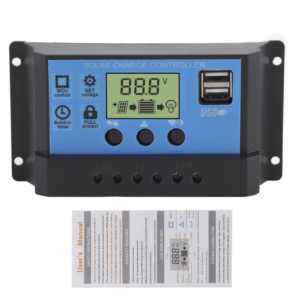 12V 24V Solar Charge Discharge Controller PWM LCD Display Dual USB Output Regulator til Home Industrial Car30A