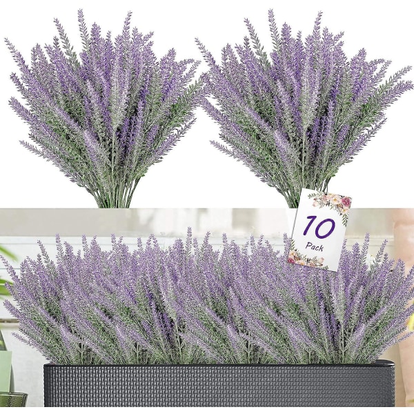Konstgjorda lavendelblommor - Set om 10 | UV-resistenta faux växter för utomhus trädgård | Vildblommor i plast för uteplats och veranda