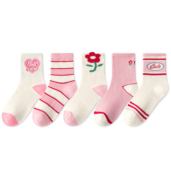 5 Pair Girls Fashion Cute Socks Heart Flower Pattern Mid Calf Girls Cotton Socks Comfortable Warm Sports Socks XL Shoe Size 33‑37