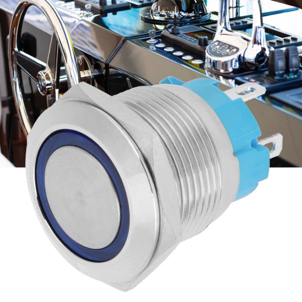 2 st 19 mm blå LED-tryckknappsbrytare med platt huvud, 4 stift, IP65 vattentät, 12 ~ 24 VDC