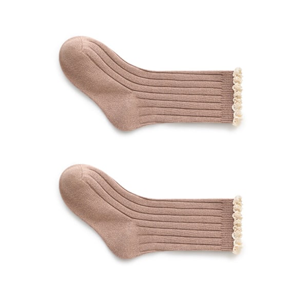 Flickor Strumpor Mid Calf Spets Lace Trim Sömlös Andningsbar Ren Färg Bomull Barnstrumpor för Vår Höst Khaki L Sul Längd 16cm/6.3in (för 6‑8 År Gammal)