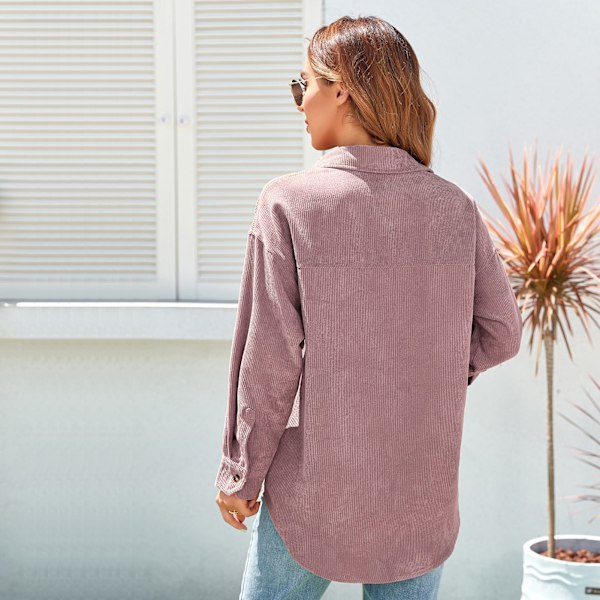 Kvindes Corduroy Skjorte Løstsiddende Casual Elegant Ensfarvet Langærmet Knaplåse Bluse Toppe med Lomme Pink M