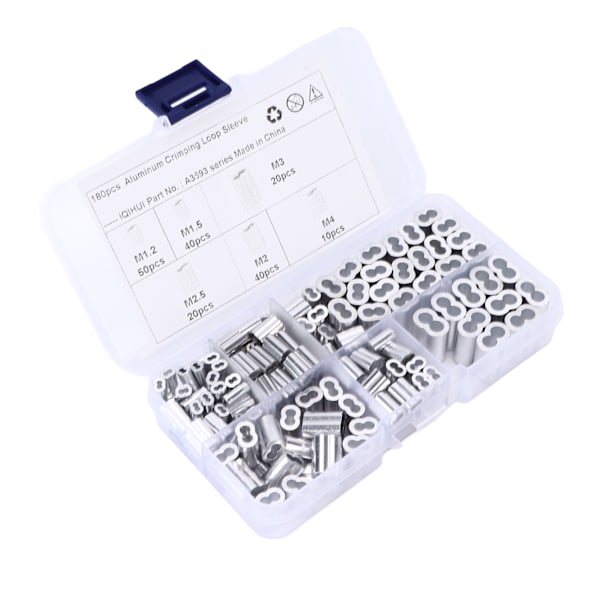 180 stk. Krympe Loop Sleeve Kit 6‑Størrelse Aluminium Dobbelt Tønde Ferrule Universal til Wire Rope Kabel Line End
