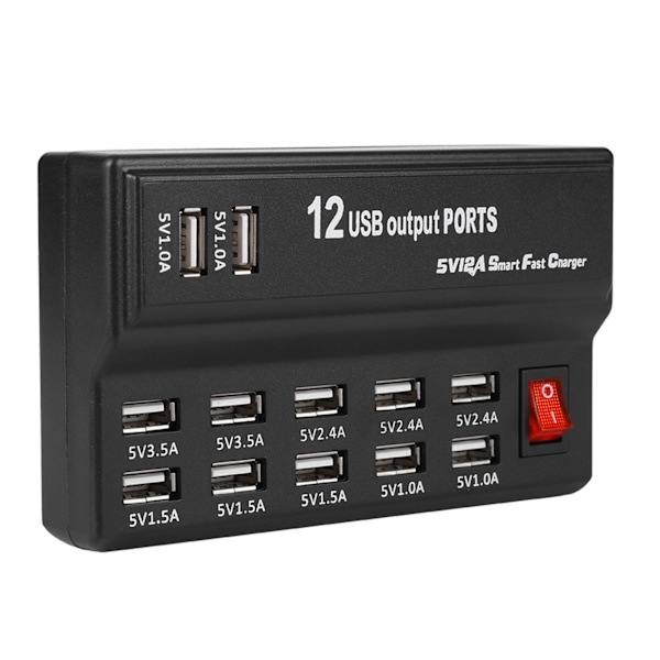 USB-hub med 12 porter og 5V 12A strømforsyning - hjemme- og reiselader