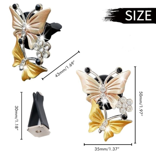 2 stk. Sommerfugl Bil Luftventil Klips Bilduft Bil Diffuser Luftfrisker Rhinestone Bil Bling Tilbehør