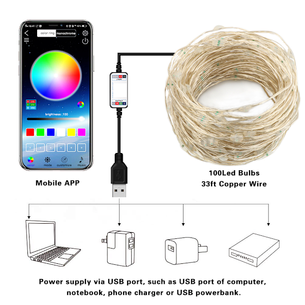 USB Bluetooth Lysstreng med App-Styring til Mobiltelefon - Kobbertråd Lysstreng til Julepynt
