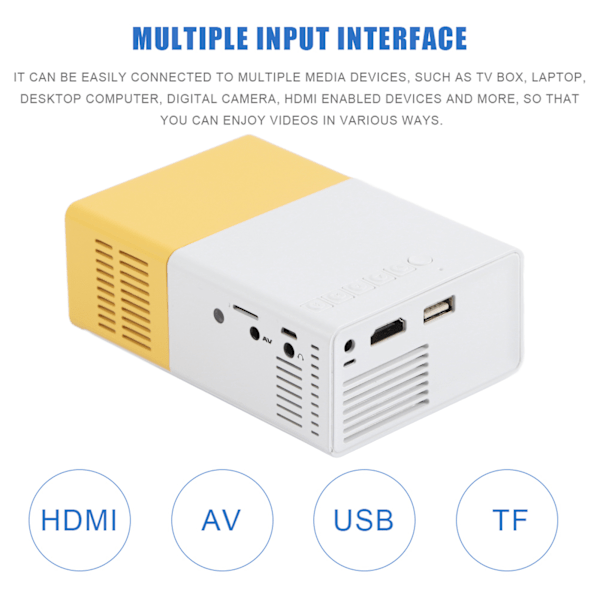 Kannettava Mini LED-projektori - Tyylikäs kotiteatteri multimediasoitin (US-pistoke) - Valkoinen/Keltainen