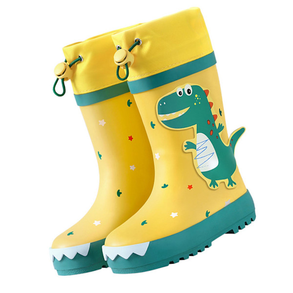 Barnregnstövlar halkfria tecknade dinosaurier vattentäta gummistövlar höga regnkläder för pojkar flickor gula och gröna dinosaurier 24