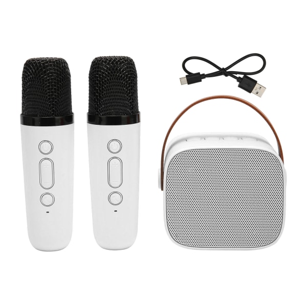 Karaokemaskin Multifunksjon Stereo Lyd Bærbar Bluetooth-høyttaler med 2 trådløse mikrofoner for Home Party KTV White