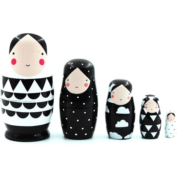 Svarte og hvite russiske hekkende dukker - sett med 5 - Perfekt gave til leketøy og dekor for barn