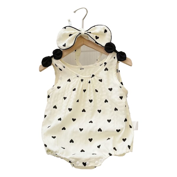 Baby Sommer En-delt Klesplagg uten Ermer Hjertemønster Trykk Lille Jenter Bodysuits for Daglig Bruk 73cm