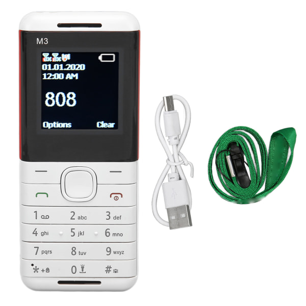 M3 2G olåst Dual Card Senior Mobiltelefon 1000mAh Vit för äldre barn Mobiltelefon med snodd